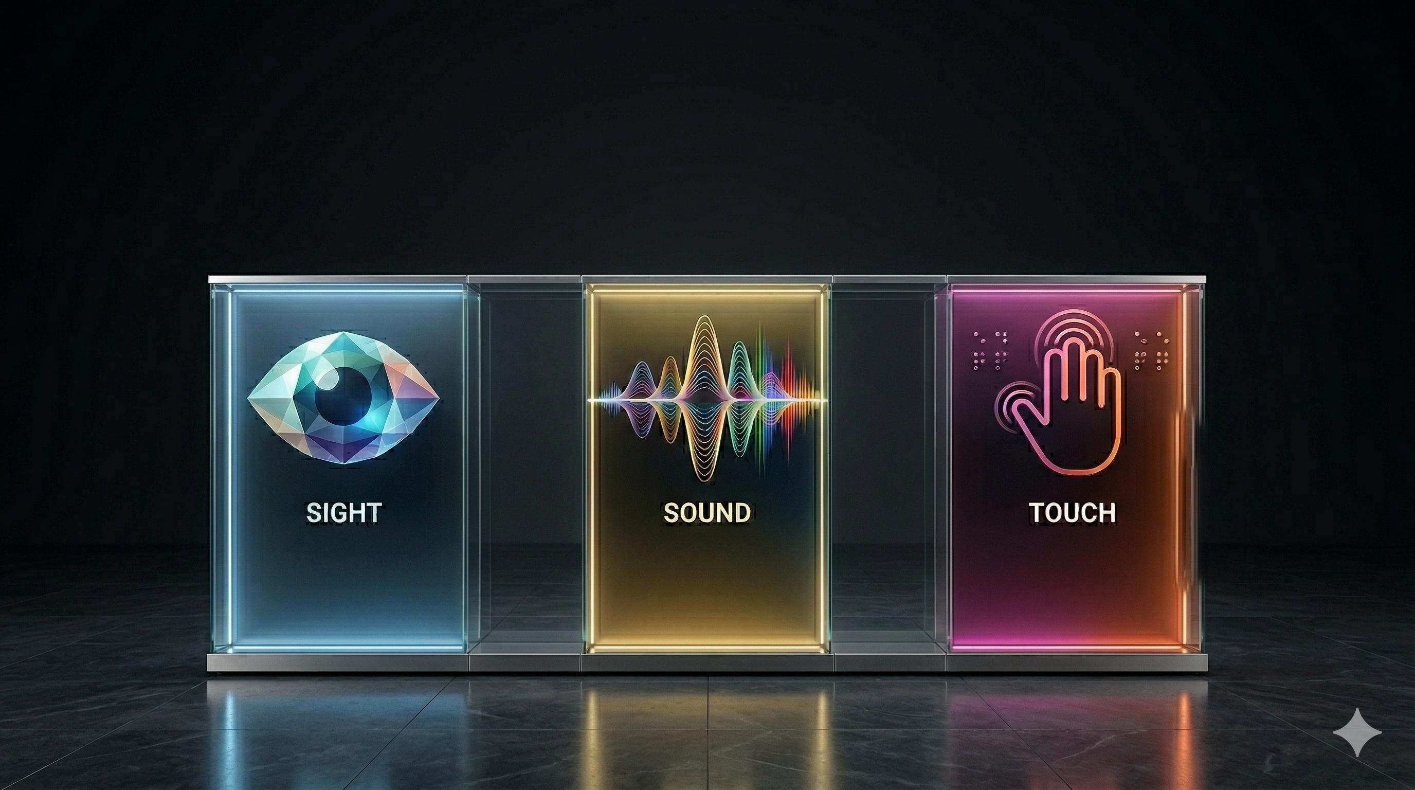 A glass-themed digital interface displaying three glowing panels for Sight, Sound, and Touch
